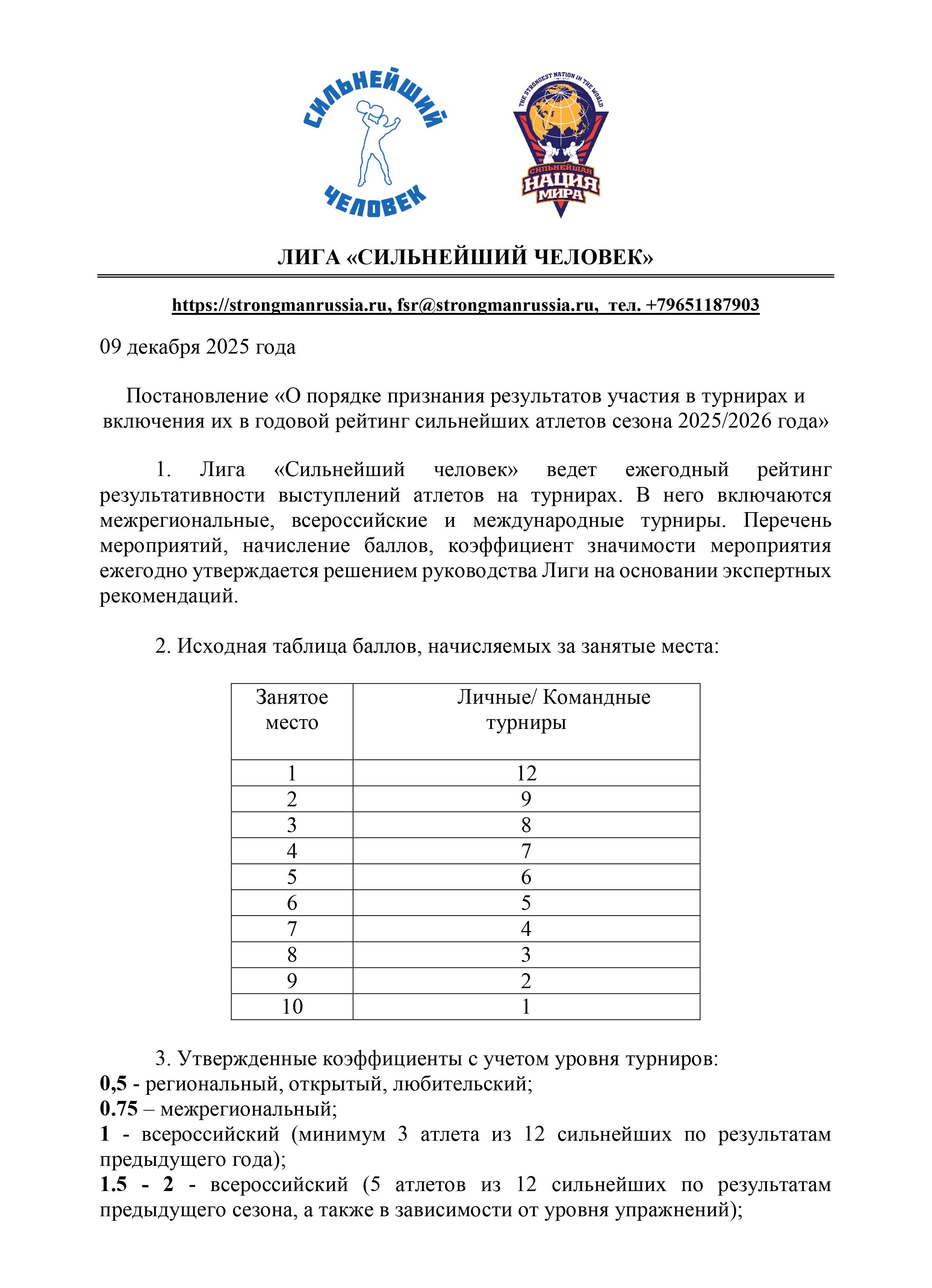 Постановление о рейтинге Лиги «Сильнейший человек» сезона 2025/2026